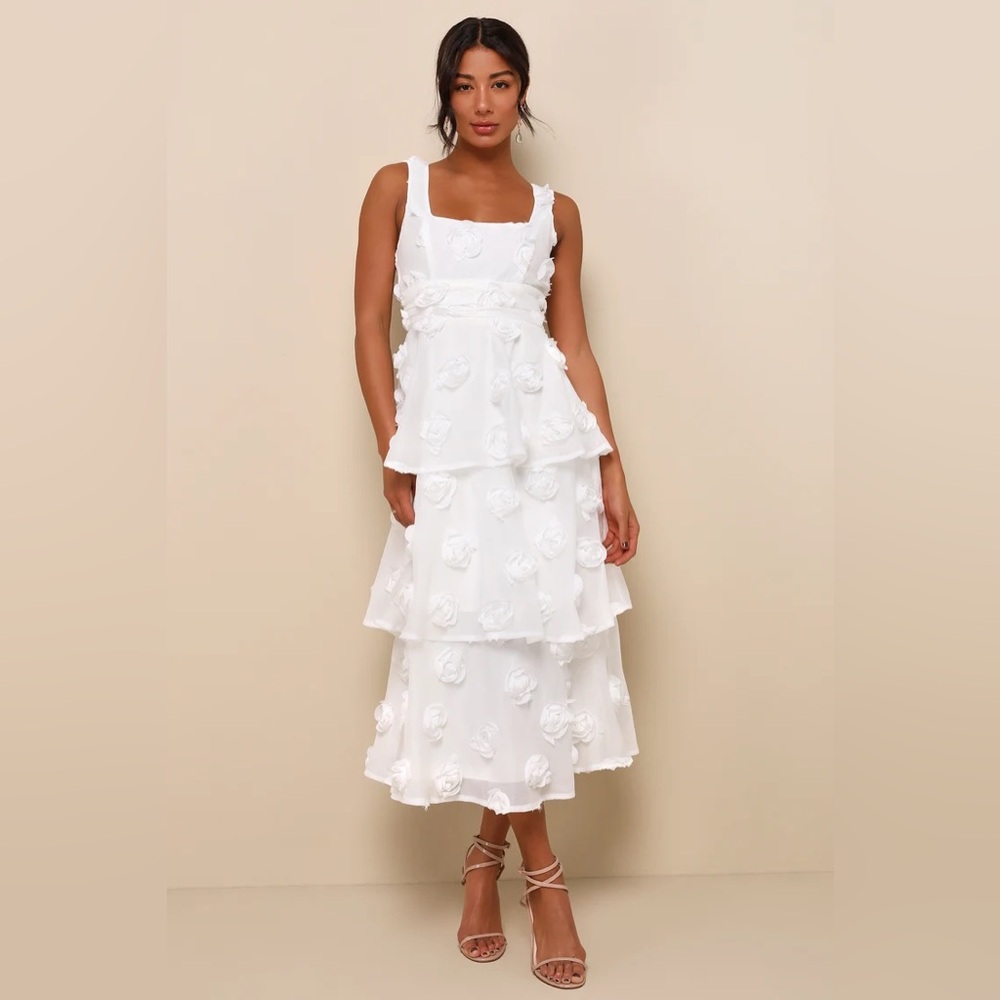 Lulus - Exceptional Entrance White Sleeveless Tiered Rosette Midi Dress - S